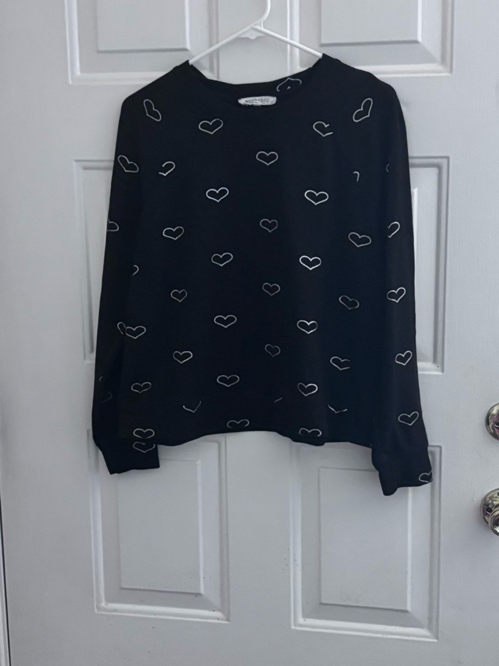 Workshop Republic Clothing Black Crewneck Sweater with White Heart Print